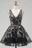 Floral Sparkly Black Short Sequin A Line Homecoming Dress