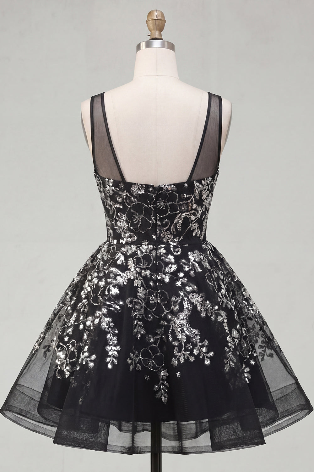 Floral Sparkly Black Short Sequin A Line Homecoming Dress