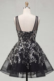 Floral Sparkly Black Short Sequin A Line Homecoming Dress