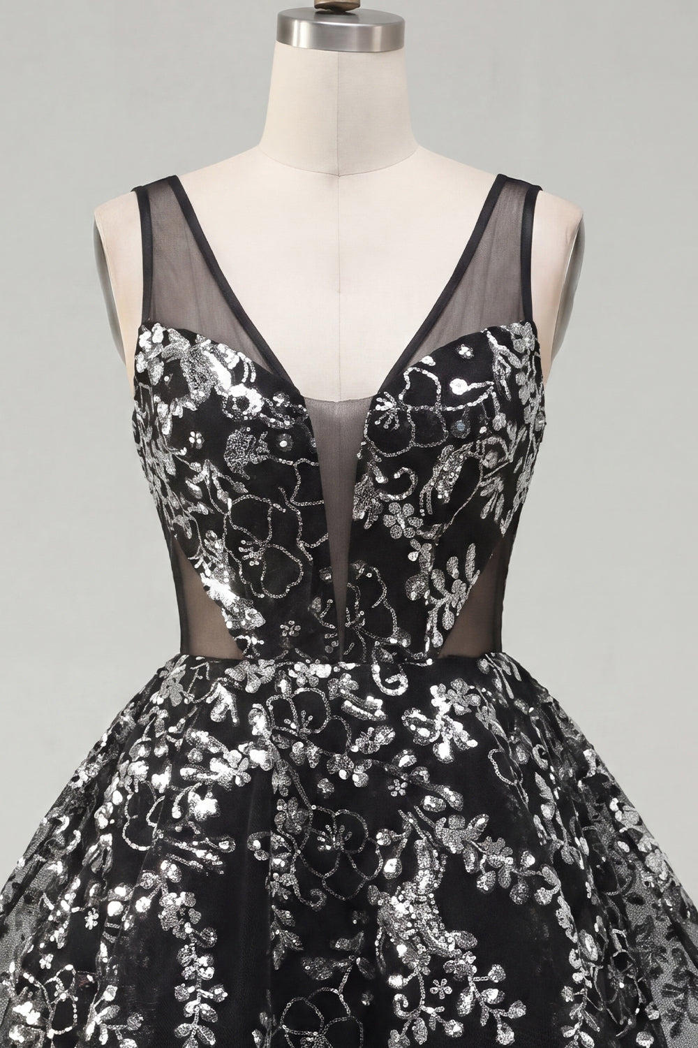 Floral Sparkly Black Short Sequin A Line Homecoming Dress