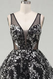 Floral Sparkly Black Short Sequin A Line Homecoming Dress