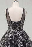 Floral Sparkly Black Short Sequin A Line Homecoming Dress