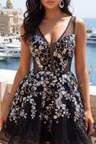 Floral Sparkly Black Short Sequin A Line Homecoming Dress