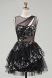 Keyhole Short Sequin Floral Sparkly Black A Line Homecoming Dress