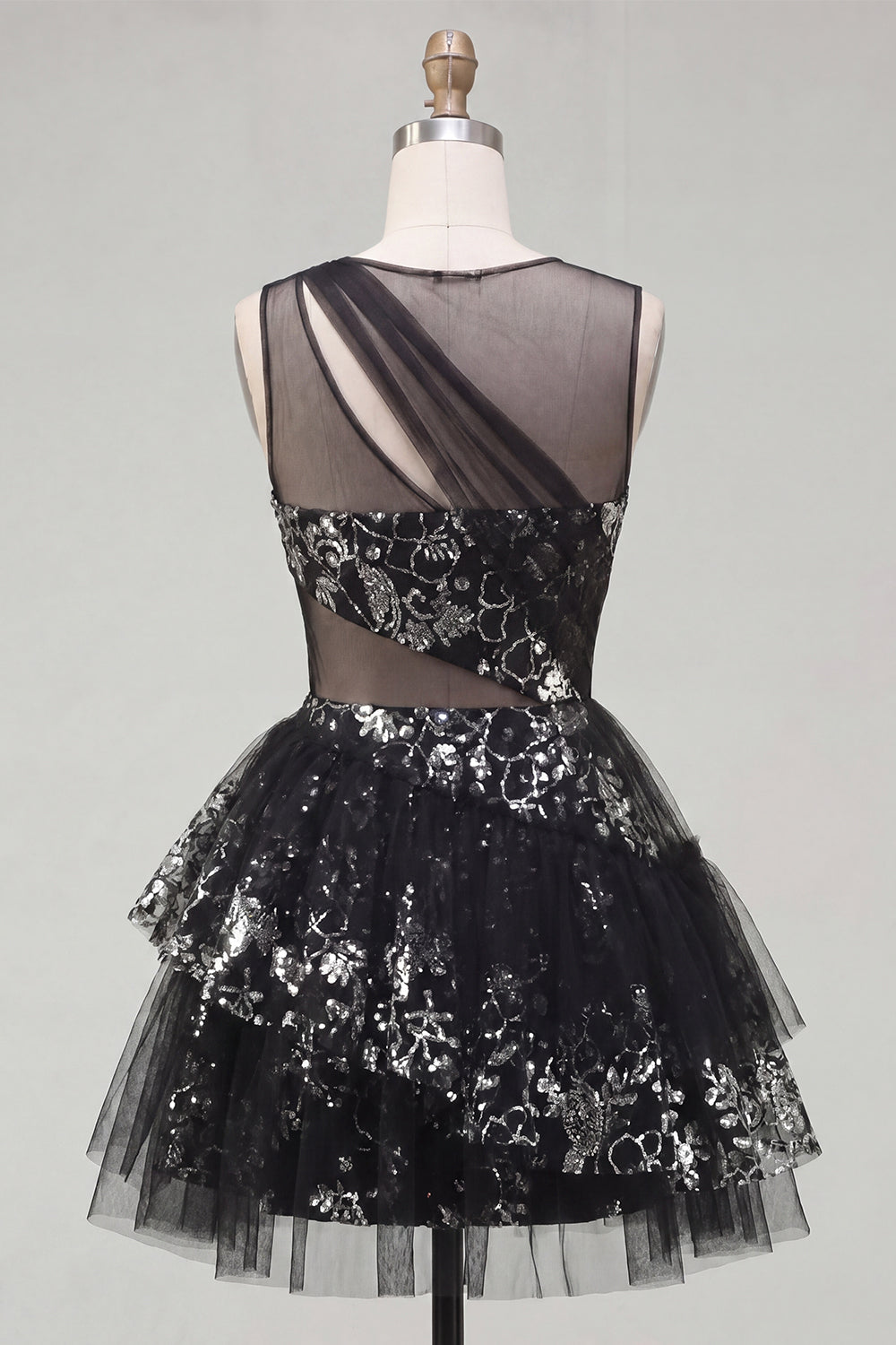 Keyhole Short Sequin Floral Sparkly Black A Line Homecoming Dress