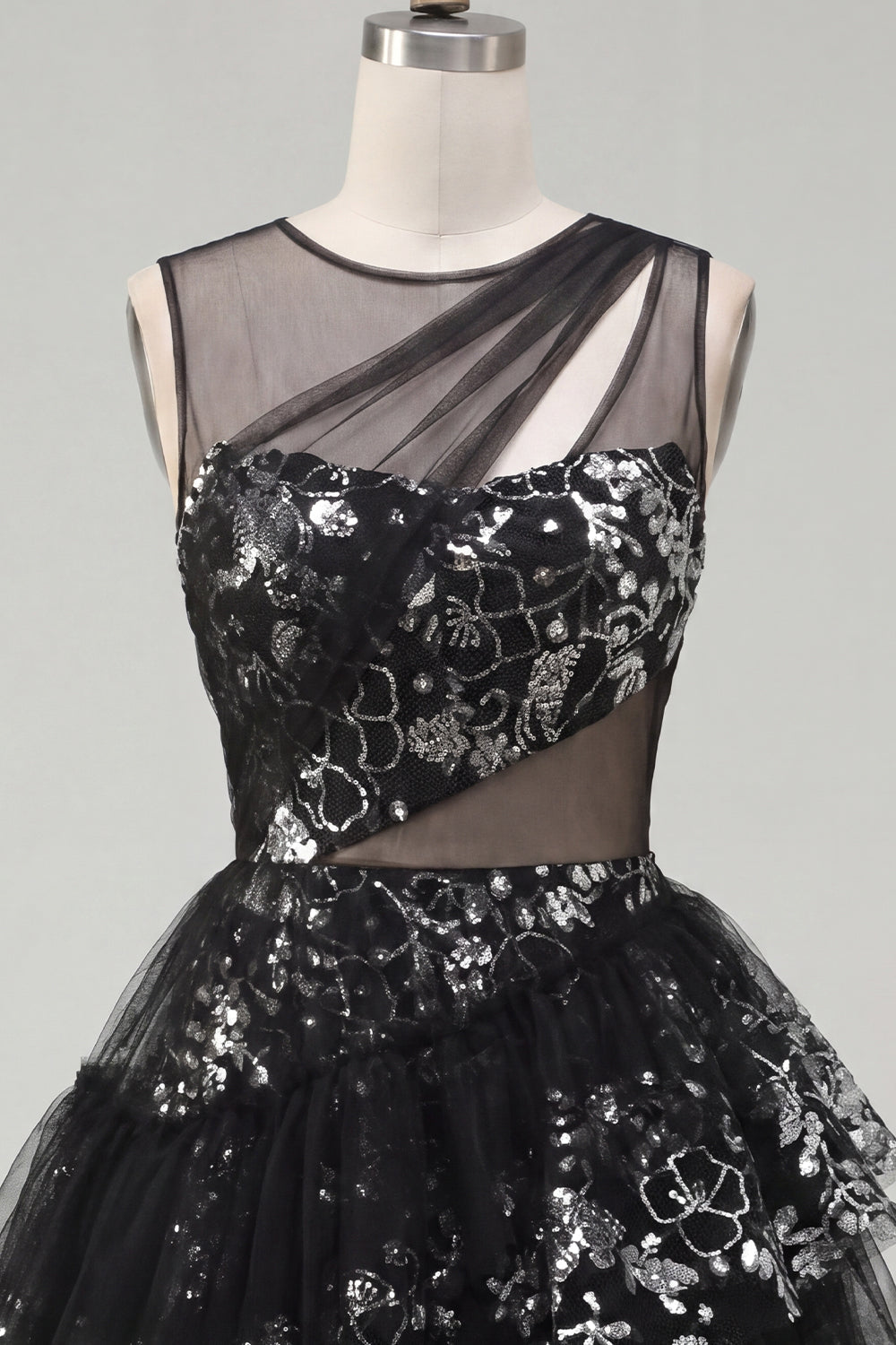 Keyhole Short Sequin Floral Sparkly Black A Line Homecoming Dress