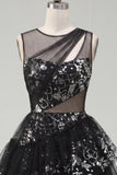 Keyhole Short Sequin Floral Sparkly Black A Line Homecoming Dress