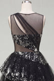 Keyhole Short Sequin Floral Sparkly Black A Line Homecoming Dress