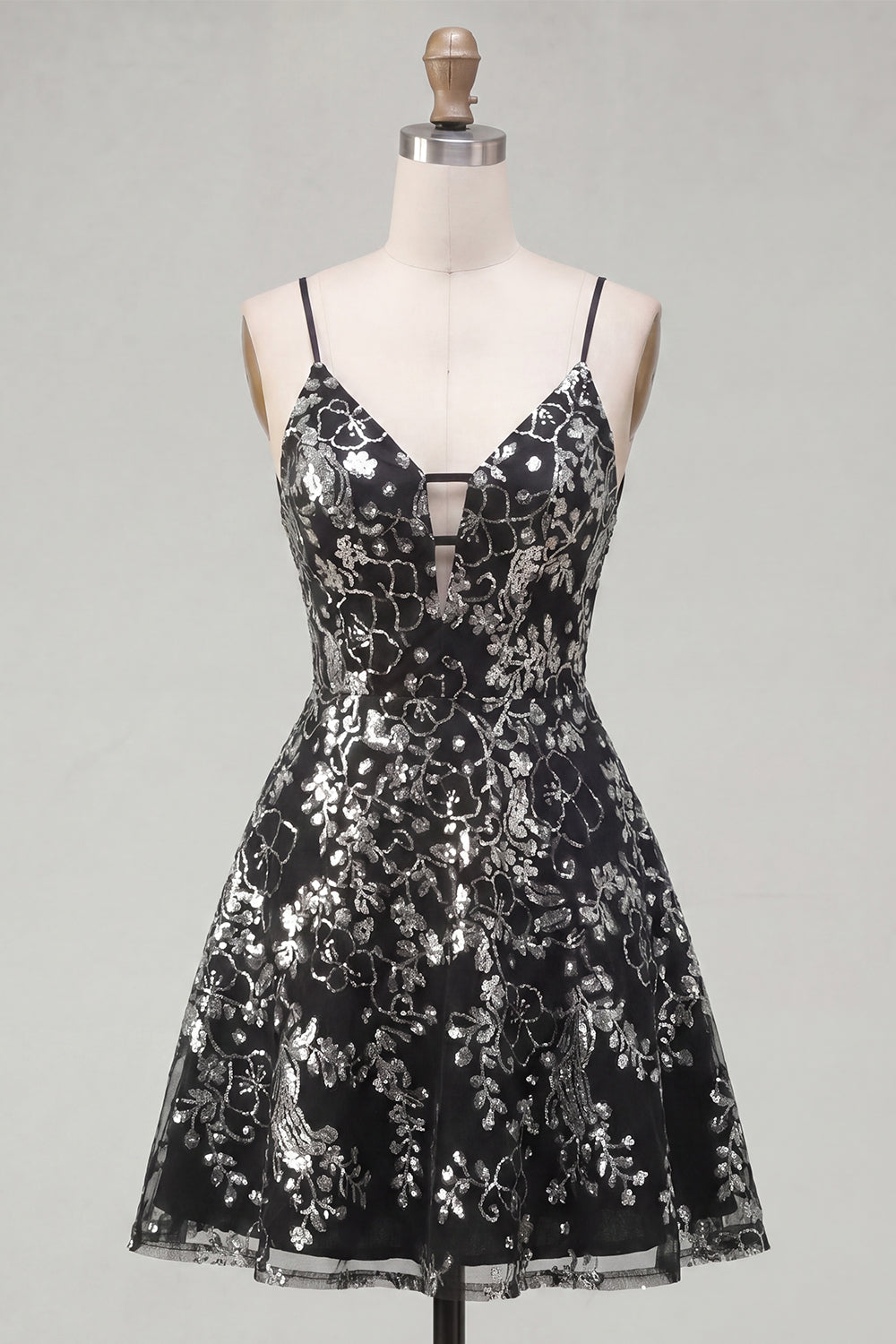 Spaghetti Straps Floral Sparkly Black Short Sequin A Line Homecoming Dress