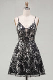 Spaghetti Straps Floral Sparkly Black Short Sequin A Line Homecoming Dress