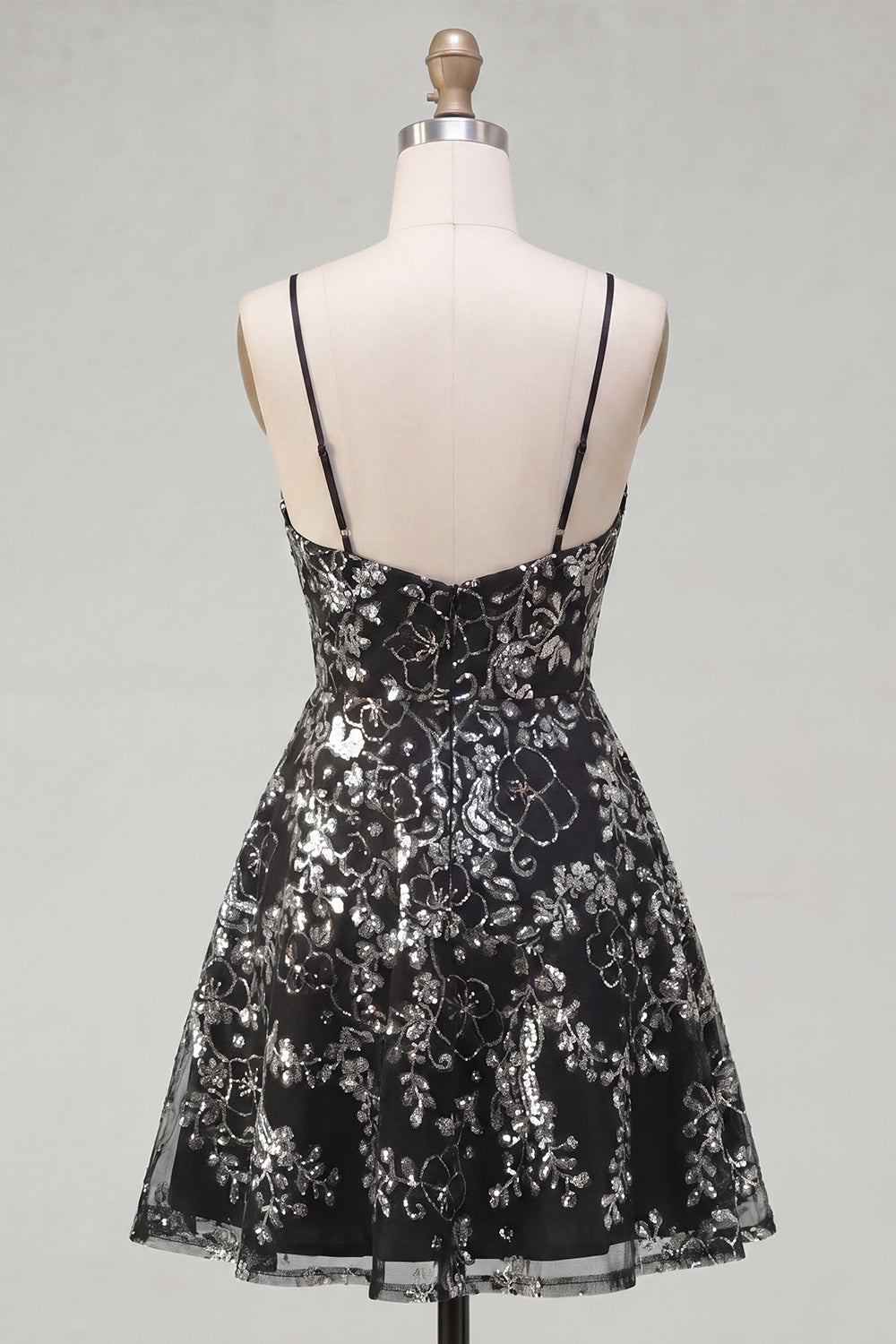 Spaghetti Straps Floral Sparkly Black Short Sequin A Line Homecoming Dress