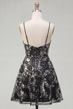 Spaghetti Straps Floral Sparkly Black Short Sequin A Line Homecoming Dress