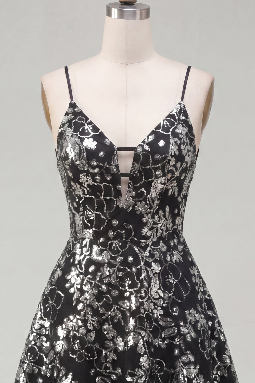 Spaghetti Straps Floral Sparkly Black Short Sequin A Line Homecoming Dress