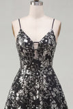 Spaghetti Straps Floral Sparkly Black Short Sequin A Line Homecoming Dress