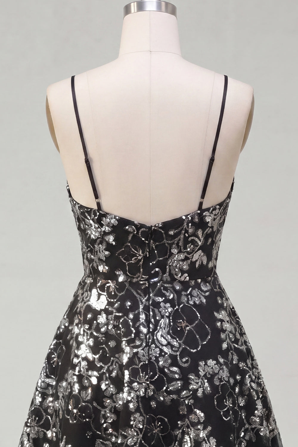 Spaghetti Straps Floral Sparkly Black Short Sequin A Line Homecoming Dress