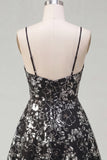 Spaghetti Straps Floral Sparkly Black Short Sequin A Line Homecoming Dress