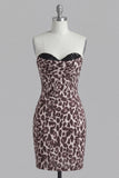 Coffee Leopard Print Tight Short Ruched Corset Homecoming Dress with Beading