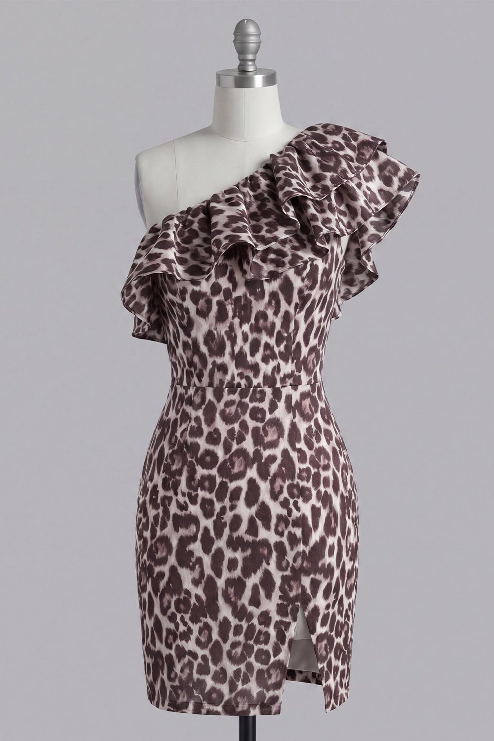 Ruffles One Shoulder Coffee Leopard Print Tight Short Homecoming Dress with Slit