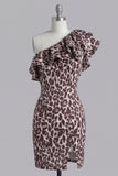 Ruffles One Shoulder Coffee Leopard Print Tight Short Homecoming Dress with Slit