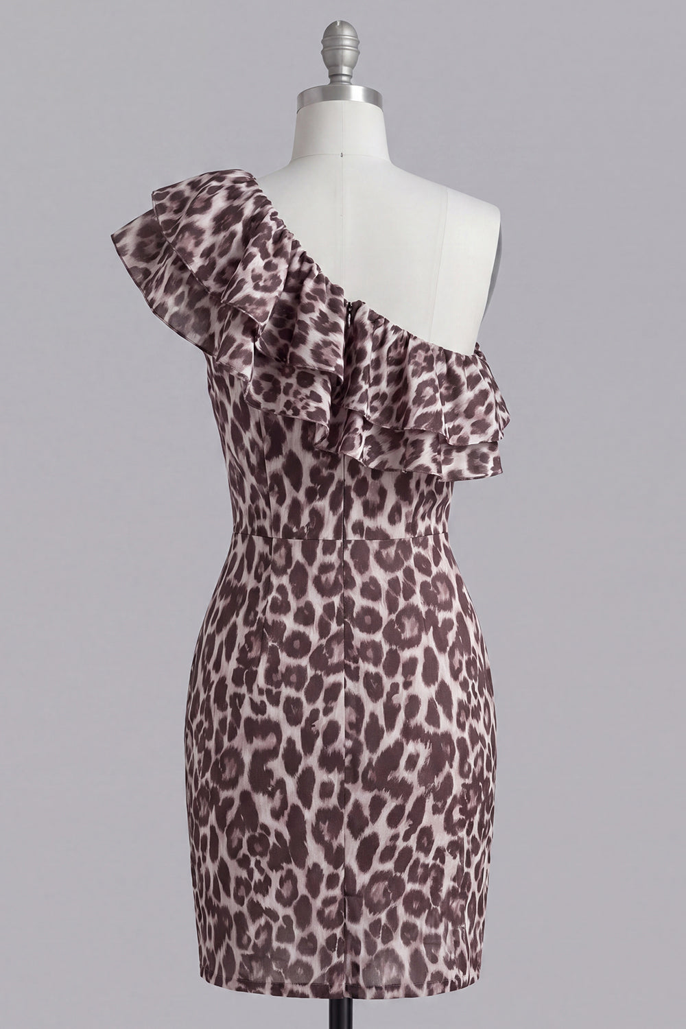 Ruffles One Shoulder Coffee Leopard Print Tight Short Homecoming Dress with Slit