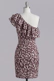 Ruffles One Shoulder Coffee Leopard Print Tight Short Homecoming Dress with Slit