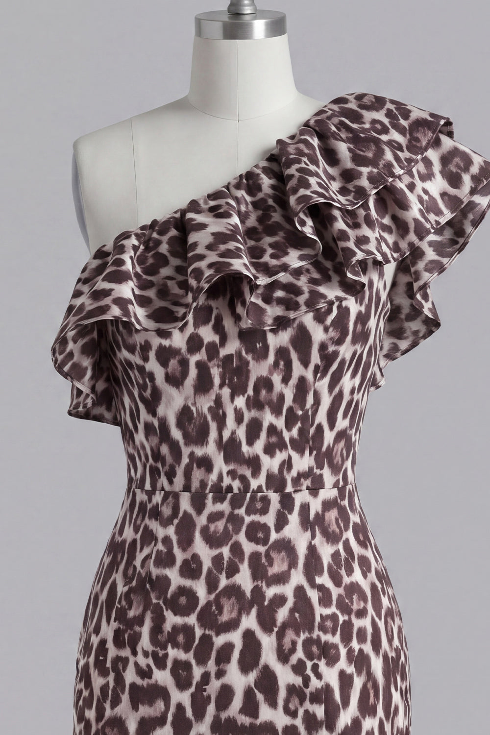 Ruffles One Shoulder Coffee Leopard Print Tight Short Homecoming Dress with Slit