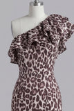 Ruffles One Shoulder Coffee Leopard Print Tight Short Homecoming Dress with Slit