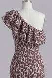 Ruffles One Shoulder Coffee Leopard Print Tight Short Homecoming Dress with Slit