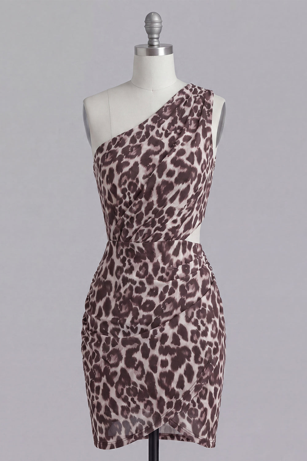 One Shoulder Cut Out Ruched Coffee Leopard Print Tight Short Homecoming Dress
