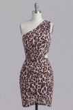 One Shoulder Cut Out Ruched Coffee Leopard Print Tight Short Homecoming Dress