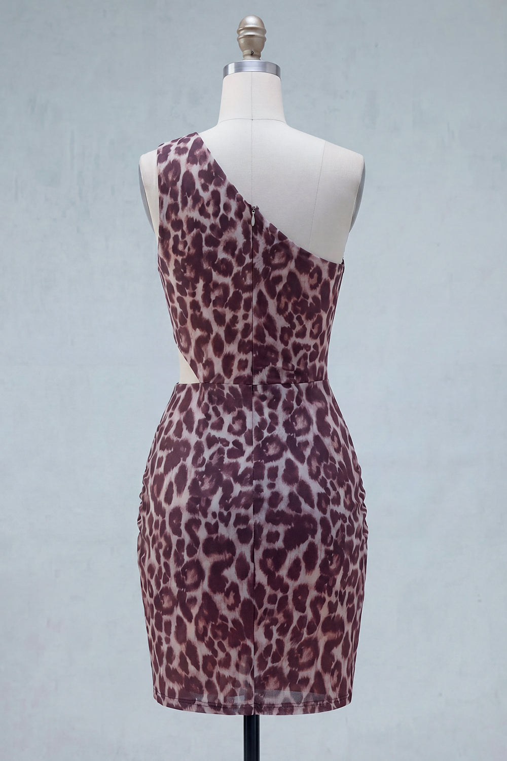 One Shoulder Cut Out Ruched Coffee Leopard Print Tight Short Homecoming Dress