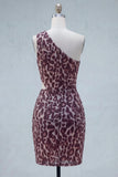 One Shoulder Cut Out Ruched Coffee Leopard Print Tight Short Homecoming Dress
