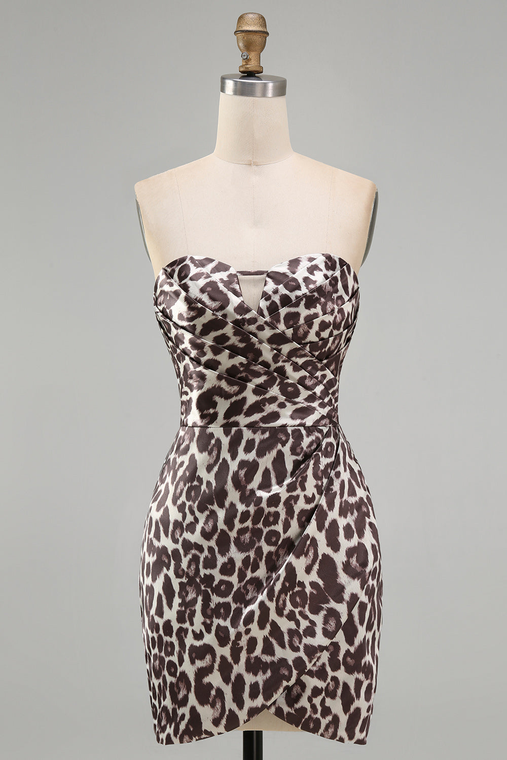 Strapless Ruched Coffee Leopard Print Tight Short Homecoming Dress