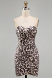 Strapless Ruched Coffee Leopard Print Tight Short Homecoming Dress