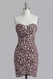Strapless Ruched Coffee Leopard Print Tight Short Homecoming Dress