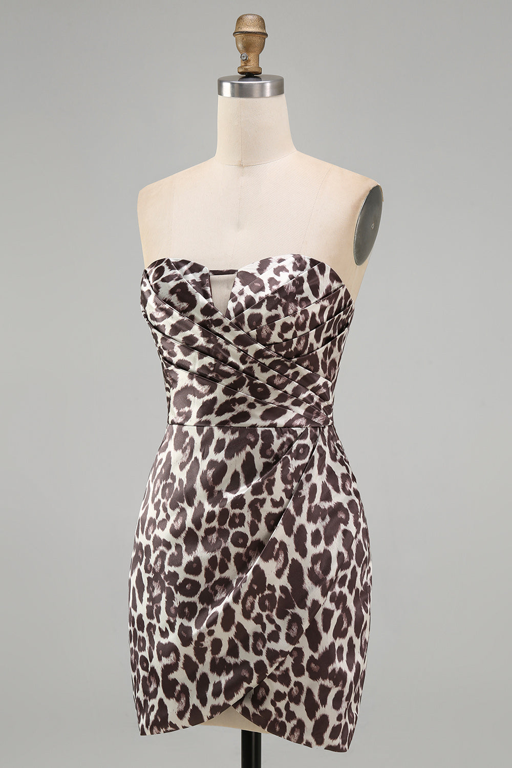 Strapless Ruched Coffee Leopard Print Tight Short Homecoming Dress