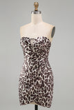 Strapless Ruched Coffee Leopard Print Tight Short Homecoming Dress