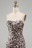 Strapless Ruched Coffee Leopard Print Tight Short Homecoming Dress