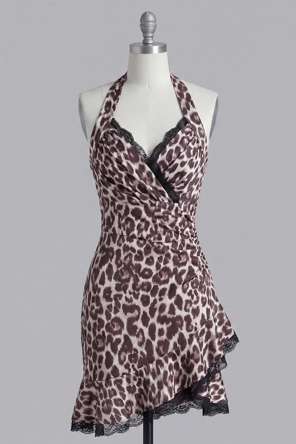 Halter Coffee Leopard Print Tight Short Homecoming Dress with Lace