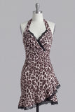 Halter Coffee Leopard Print Tight Short Homecoming Dress with Lace