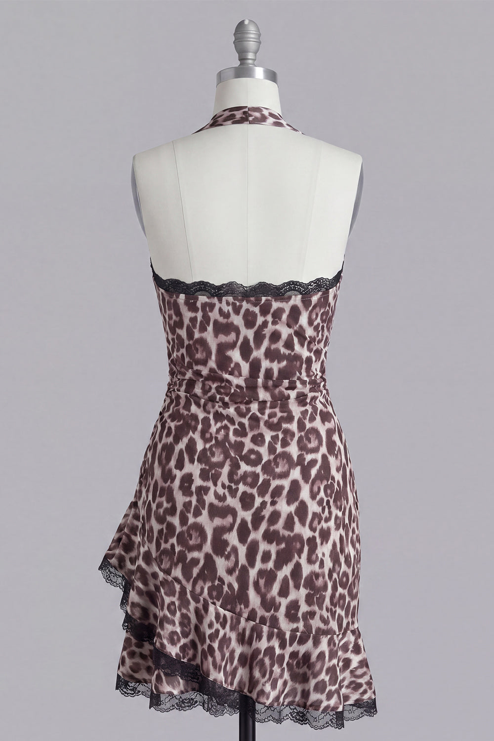 Halter Coffee Leopard Print Tight Short Homecoming Dress with Lace