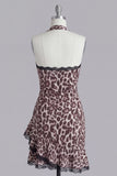 Halter Coffee Leopard Print Tight Short Homecoming Dress with Lace