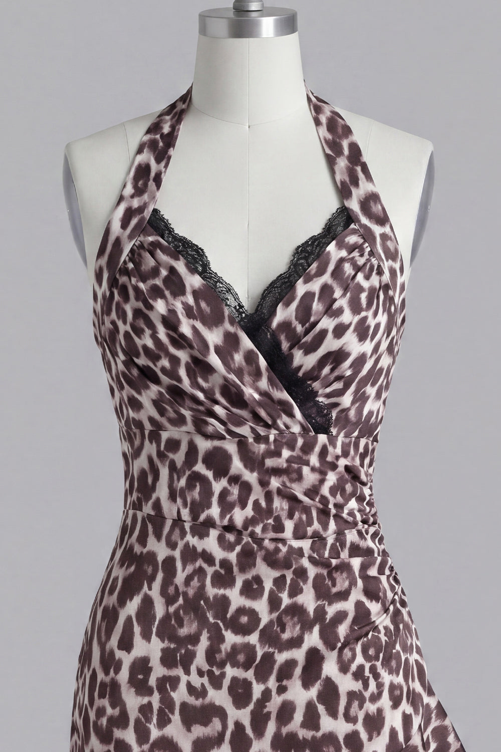Halter Coffee Leopard Print Tight Short Homecoming Dress with Lace