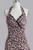 Halter Coffee Leopard Print Tight Short Homecoming Dress with Lace