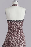 Halter Coffee Leopard Print Tight Short Homecoming Dress with Lace