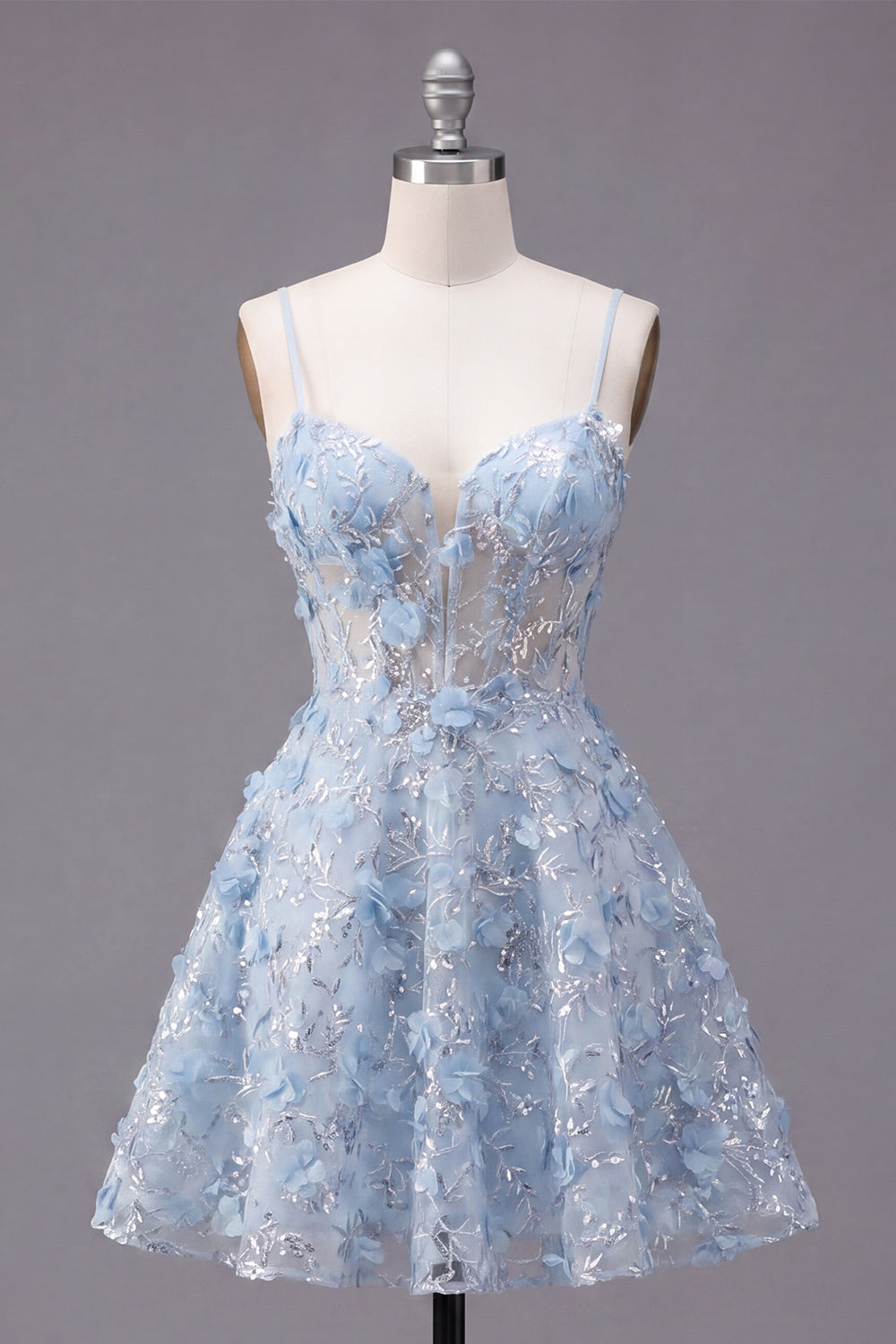 Spaghetti Straps Floral Sparkly Blue Short Sequin A Line Corset Homecoming Dress