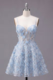 Spaghetti Straps Floral Sparkly Blue Short Sequin A Line Corset Homecoming Dress