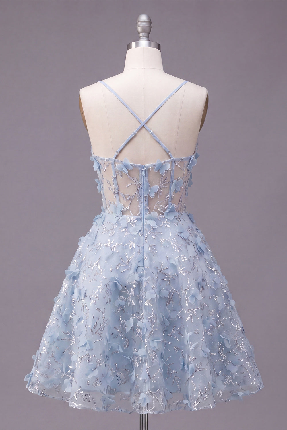 Spaghetti Straps Floral Sparkly Blue Short Sequin A Line Corset Homecoming Dress