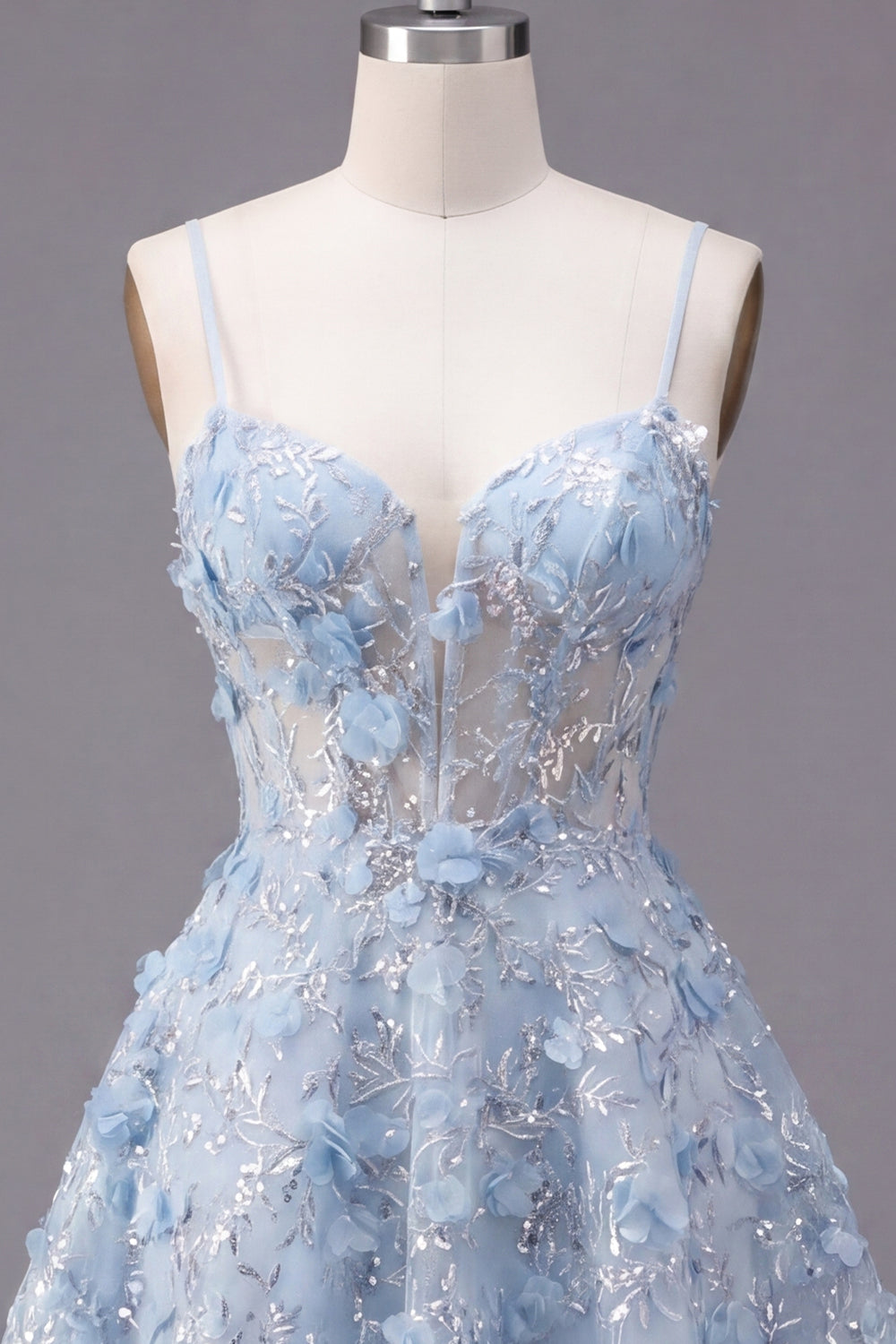Spaghetti Straps Floral Sparkly Blue Short Sequin A Line Corset Homecoming Dress