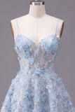 Spaghetti Straps Floral Sparkly Blue Short Sequin A Line Corset Homecoming Dress